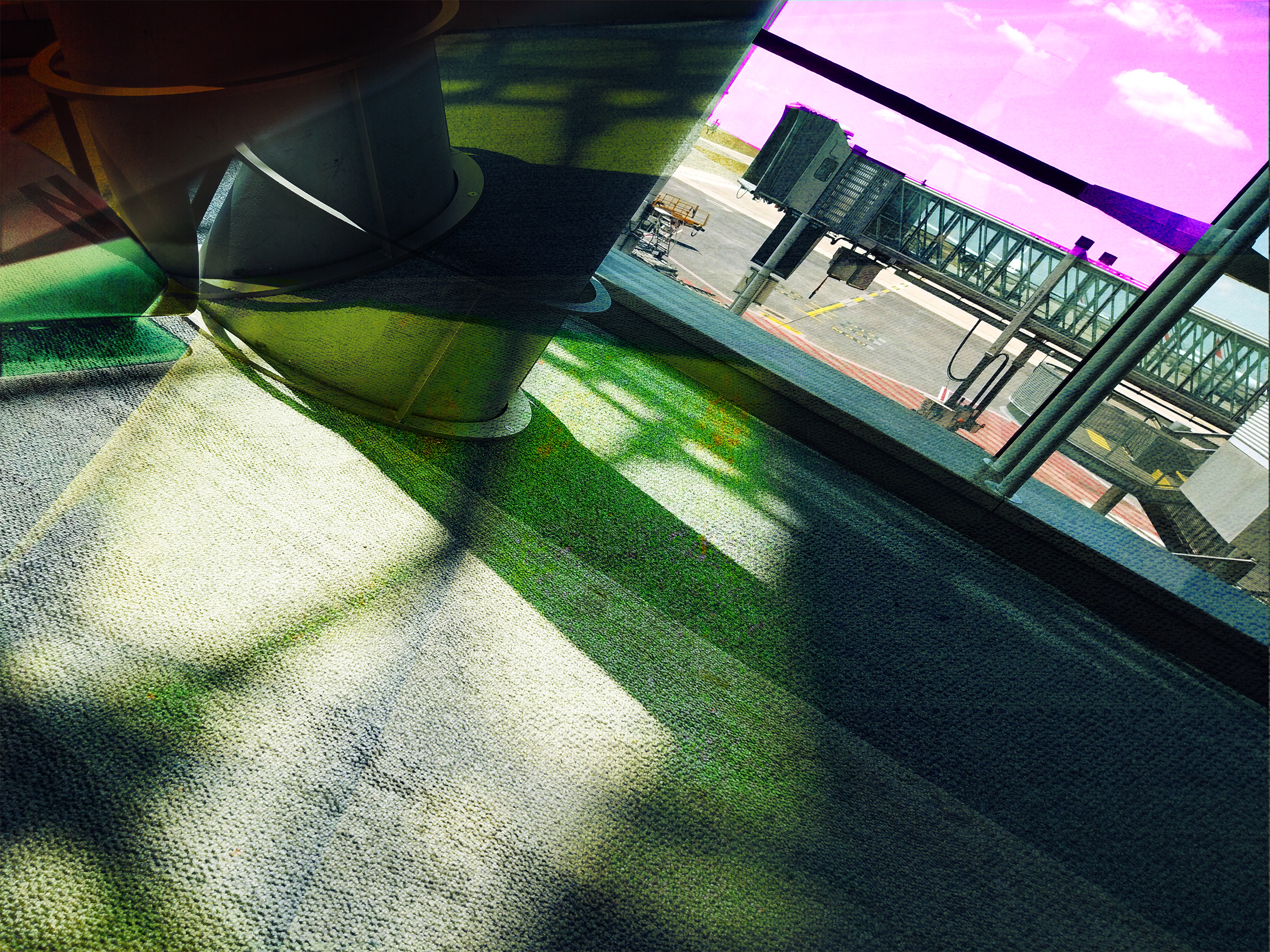 Constructed photograph framing an urban scene through geometric markings and colour planes, emphasising depth and perspective.