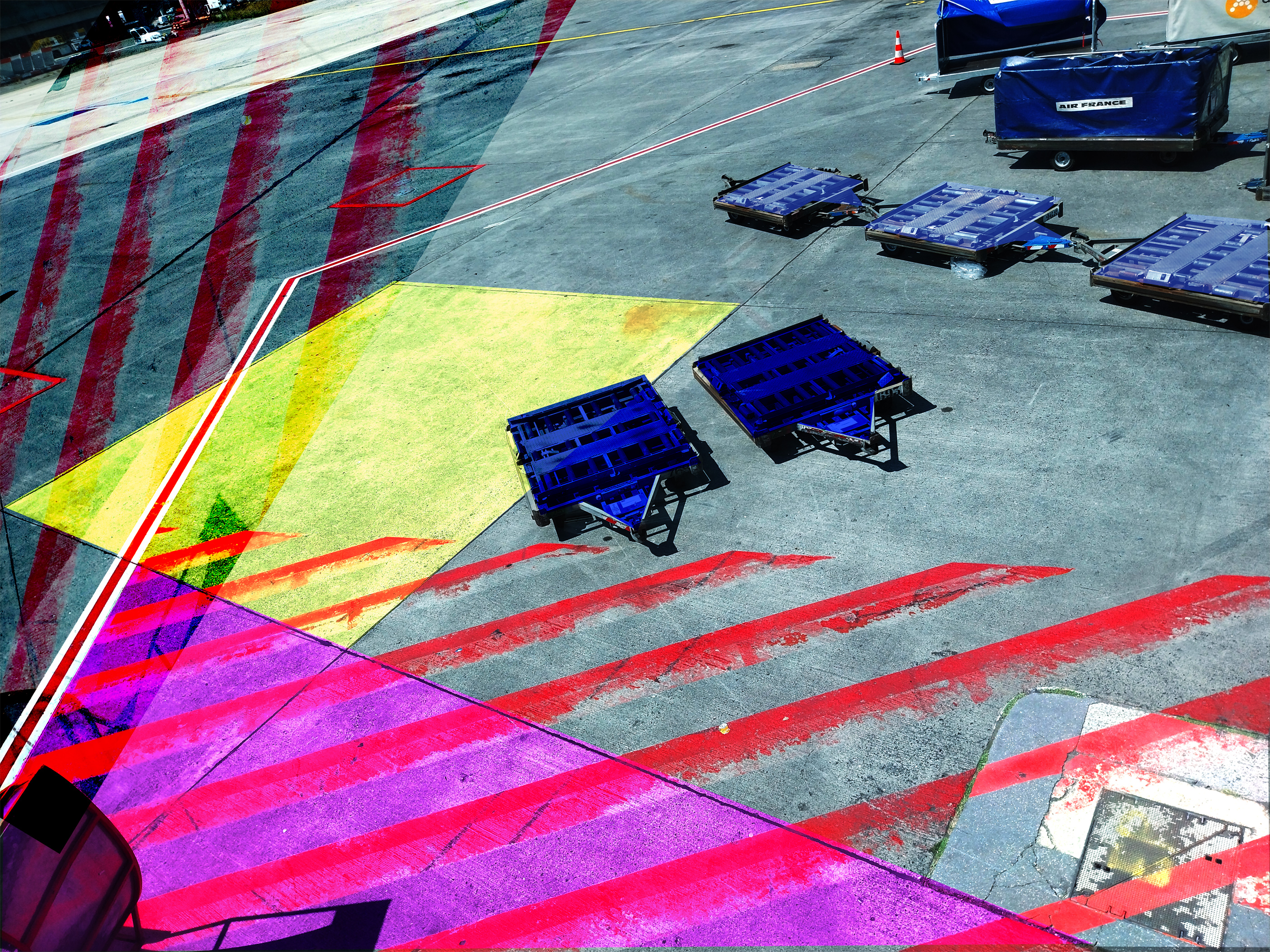 Constructed photograph showing coloured urban ground markings and layered surfaces forming a structured spatial composition.
