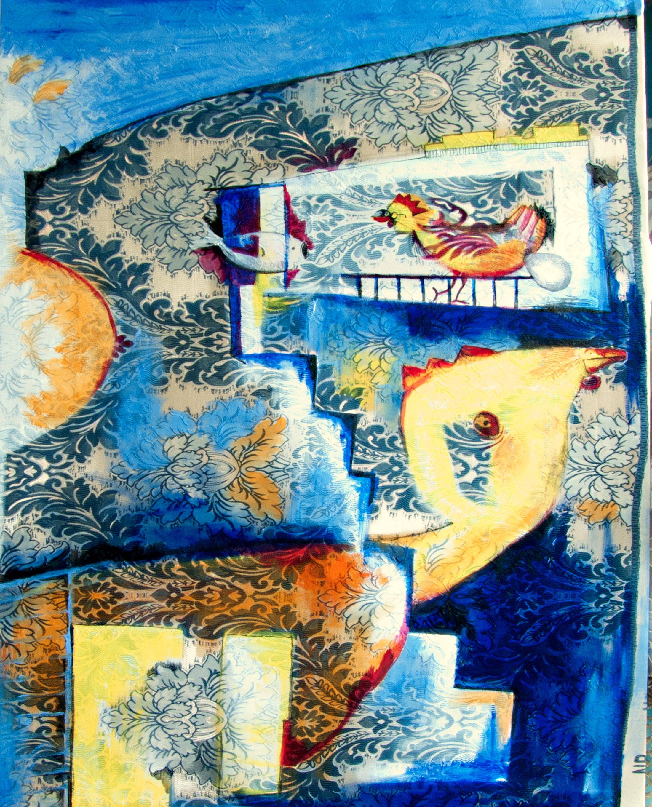 Semi-abstract painting with stepped forms and contrasting colour areas, creating a structured and dynamic surface.