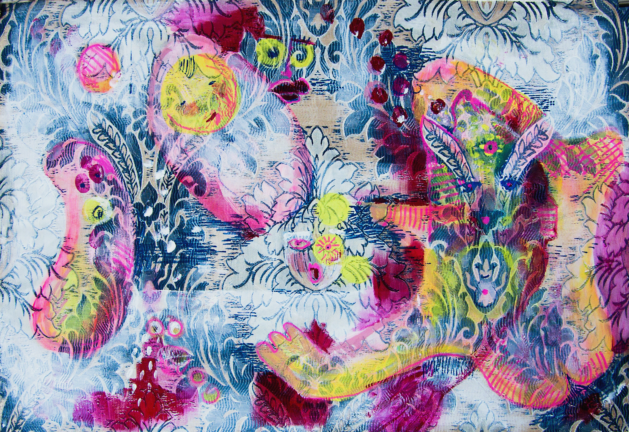 Abstract painting with layered colour fields and graphic elements, evoking an urban, street art–like atmosphere and spatial depth.