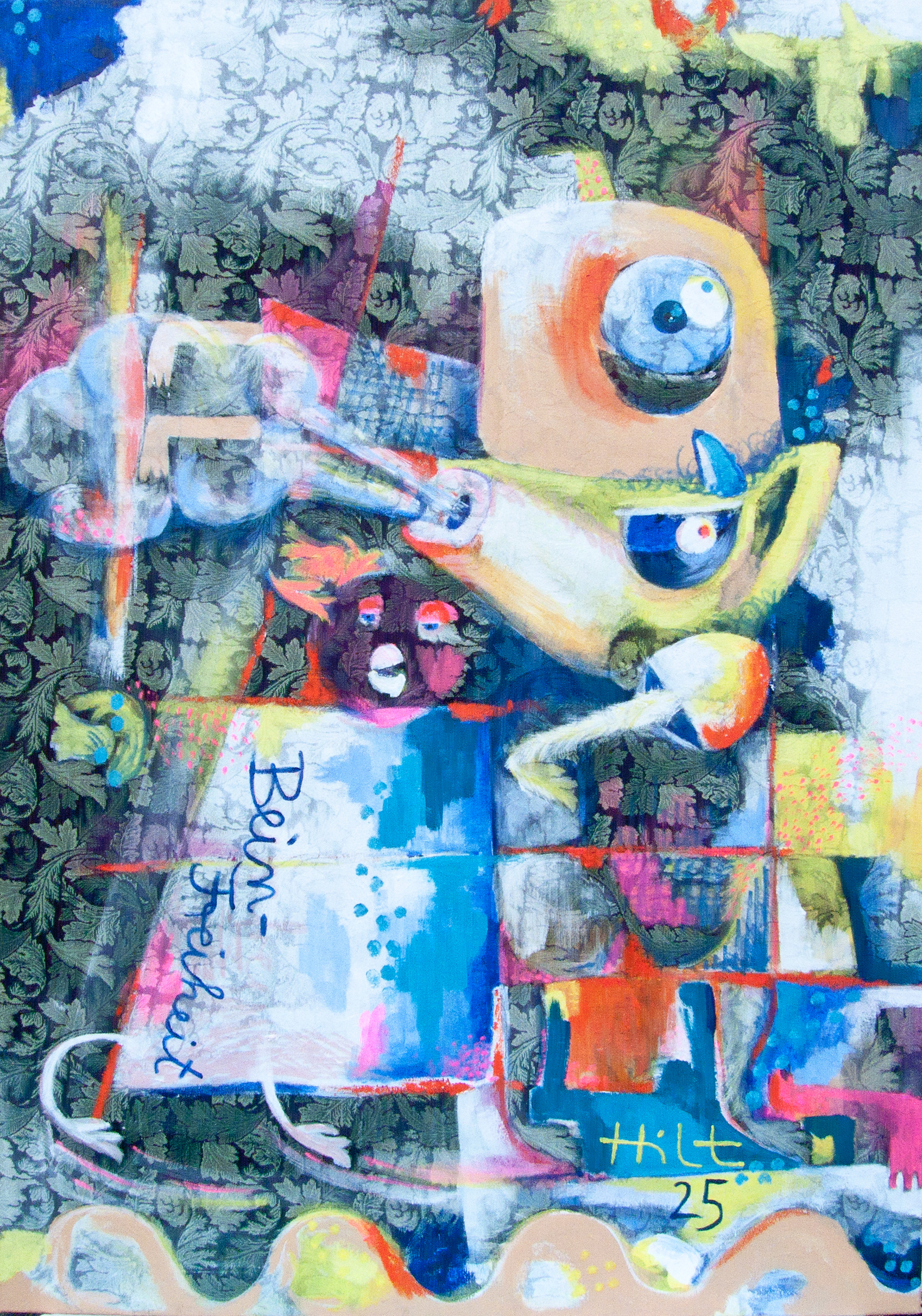 Semi-abstract painting combining figurative elements with colour planes and linear structures, creating spatial tension and balance.